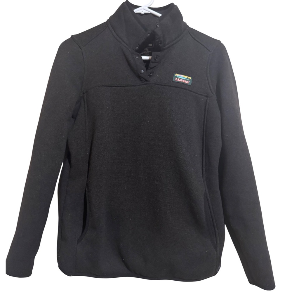 L.L. BEAN Women‎ Small Black Fleece Pullover 1/4 Snap Logo Kangaroo Pocket